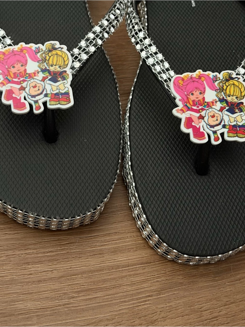 Black Flip Flops with Pink Character Charm